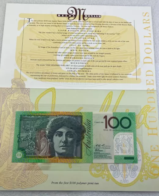 1996 Australia $100 AA96 NPA - 1996 Overprint Melba Monash Folder -