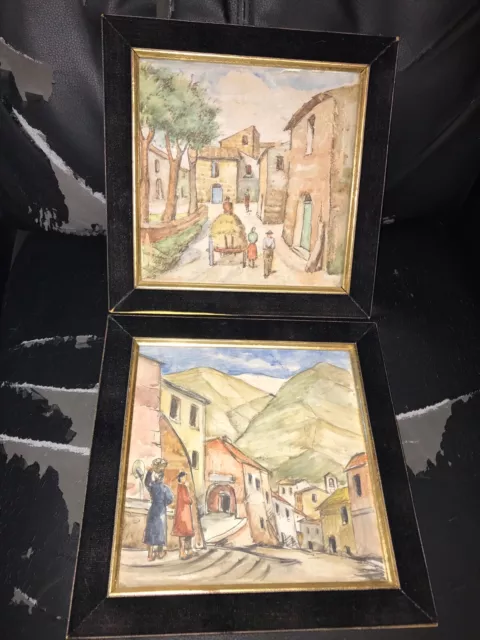 Pair Framed Ceramic Tile Village Scenes - Hand Painted 10"