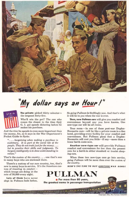 1944 Pullman: Wartime, My Dollar Says an Hour Vintage Print Ad