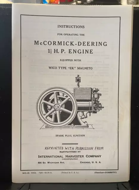 McCormick Deering 1 1/2 HP Engine Booklet - International Harvester Company