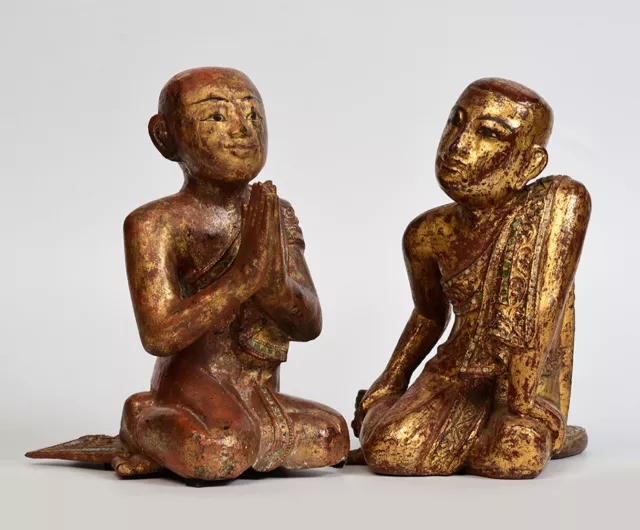 19th Century, Mandalay, A Pair of Antique Burmese Wooden Seated Disciples / Monk