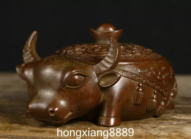 Chinese Pure Bronze Yuanbao Zodiac Cattle Bull Animal Incense Burner Censer