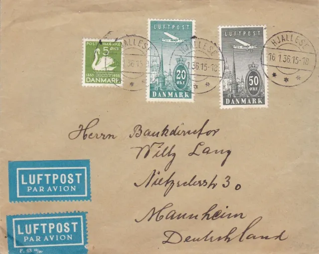 1936 Denmark / Denmark, PA 8/9 + 229 on Air Mail letter from Hjallese to Mannhei