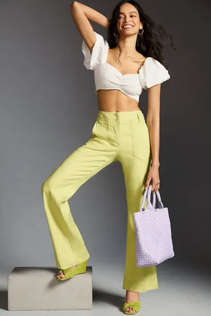 Anthropologie  The Naomi Linen Wide-Leg Flare Pants by Maeve new  12 chartreuse