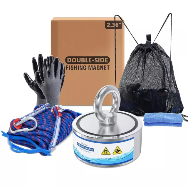 Fishing Magnet Kit, 800 Lb Pull Force, Strong Neodymium Magnet, Gloves, Rope.