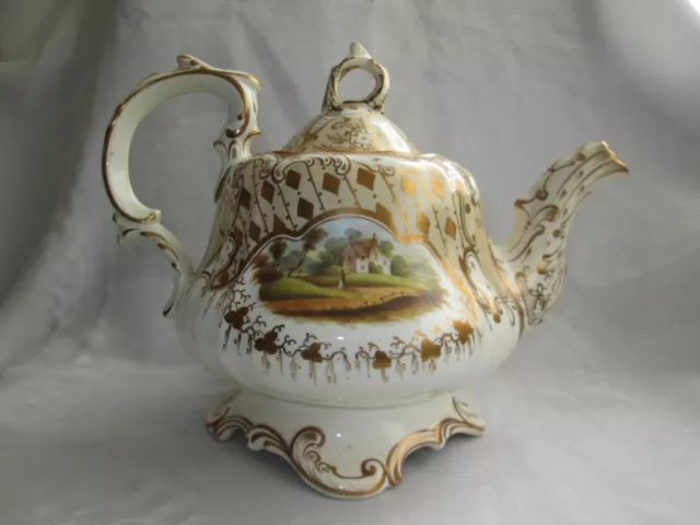 Antique 19Th Century Teapot Rococo Style Painted Scenic Lozenge Mark For 1843