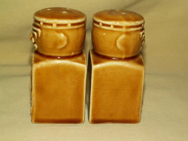 Tiki Salt Pepper Set Brown Amber Glaze Vintage Japan Shakers Stoppers God Icon. 3