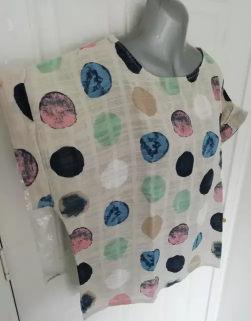 Made in Italy One Size Grey Blue Pink Circles Wide Lagenlook Blouse Top Cotton