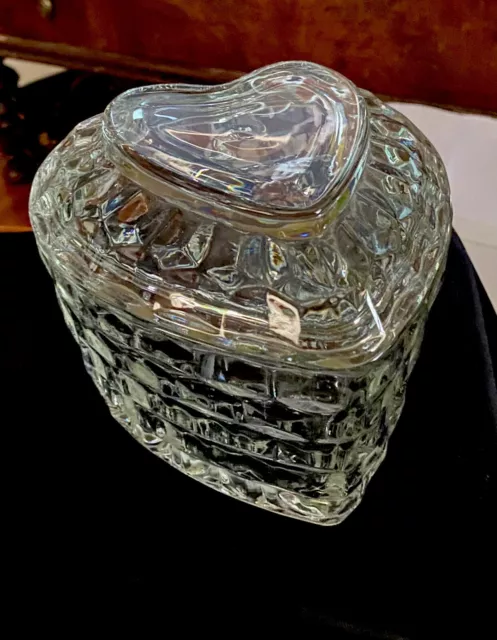 HOMCO Glass Diamond Cube Heart Shaped Candy/Trinket Dish Removable Top *Mint*