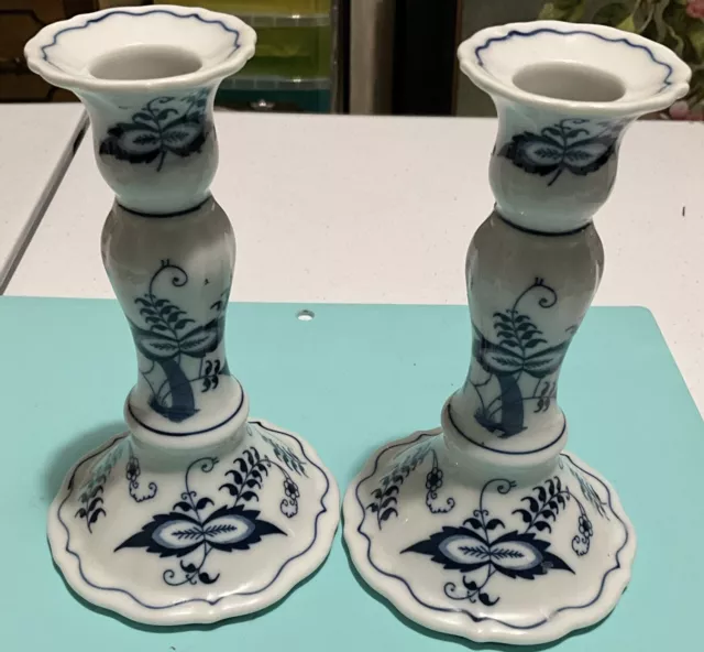 Blue Danube Blue Onion Japan Fine China Candlestick Holders