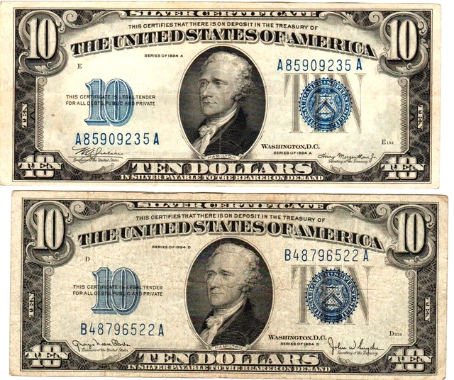 1934 Series A & 1934 Series D Ten Dollar Silver Certificates As Seen