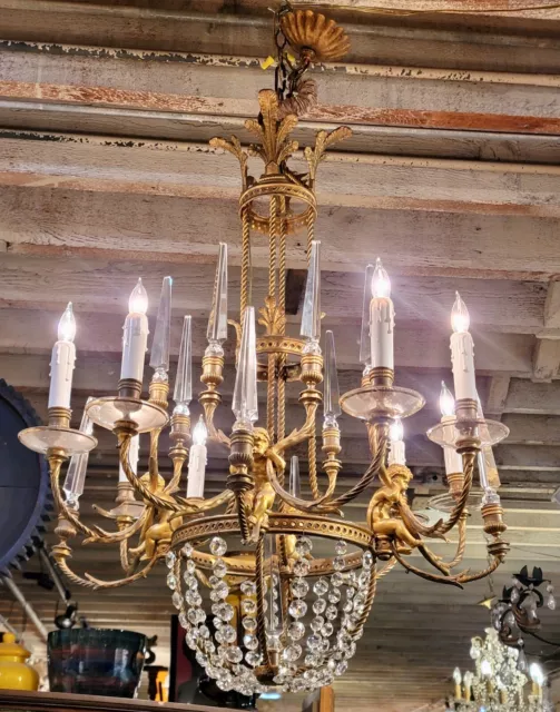 19th century French Gilt Bronze Chandelier w/4 Cherubs & Crystals