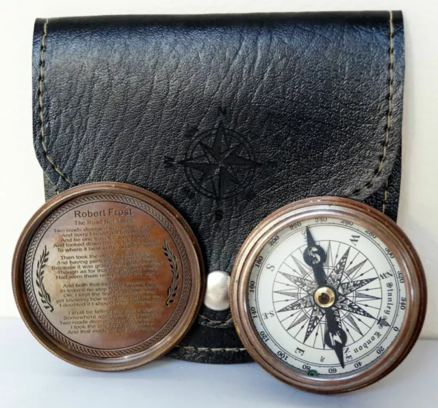 Antique Vintage Brass Working Camping Hiking 2" Compass With Black Leather Case