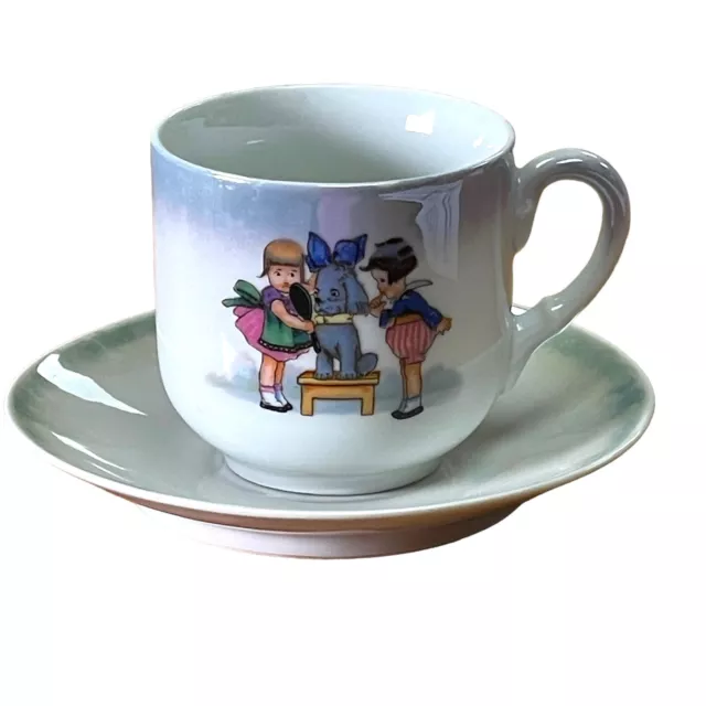 Childs Cup & Saucer Girls & Dog Luster Trim Deco Look Made Germany Early 1900s