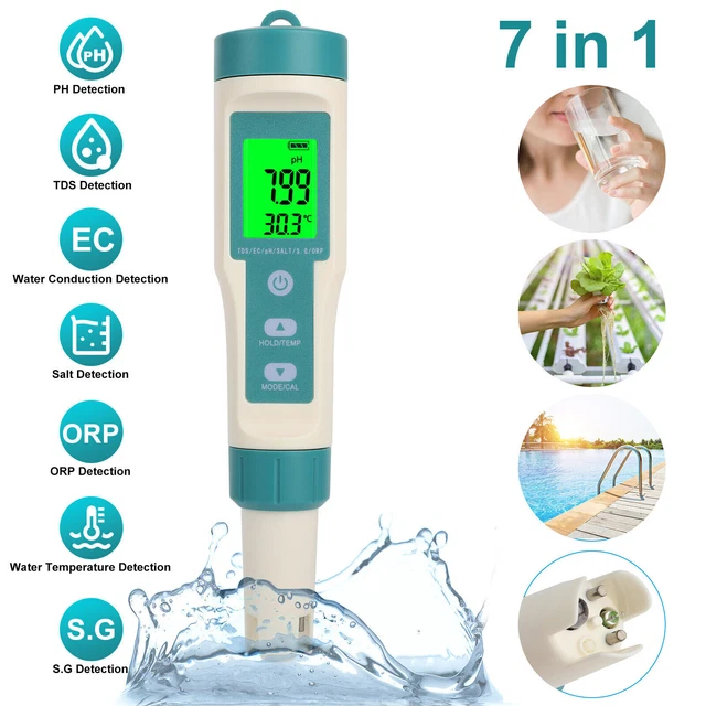 7 in 1 PH/TDS/EC/ORP/TEMP/SG/Salinity Digital LCD Water Quality Tester Meter Pen