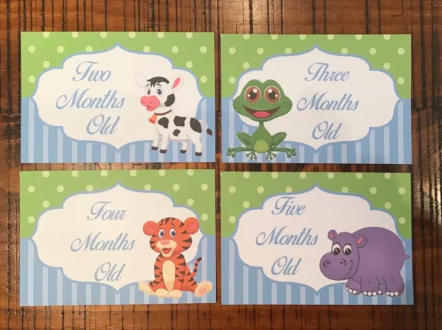 Baby Milestone Cards Blue/Green Nursery Animals Pack 33 Baby Shower Gift New Mum 3