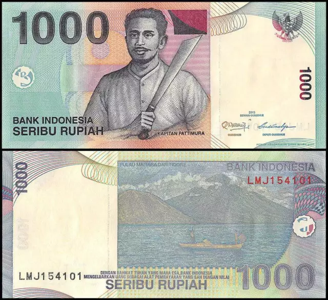 Banknote - 2013 Indonesia, 1000 Rupiah, P141m UNC, Kapitan Pattimura (F) Volcano