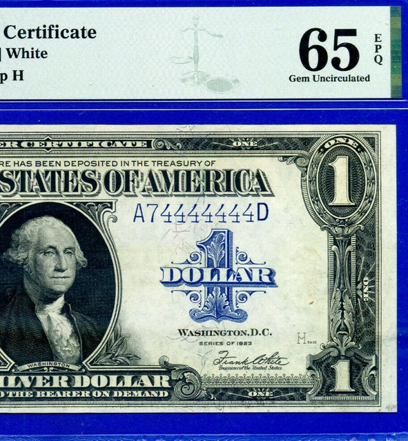 1923 $1 Silver Certificate PMG 65EPQ fancy near solid serial 74444444 Fr 237