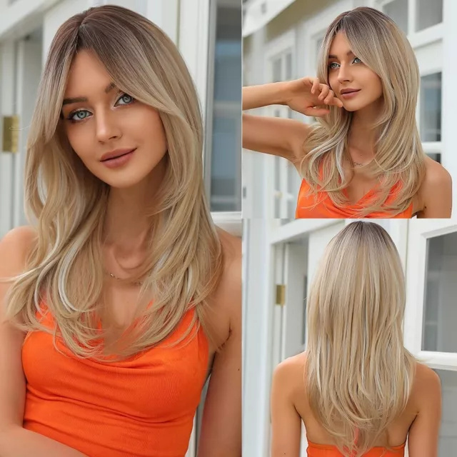 Long Layered Highlights Light Blonde Hair Wig for Women Natural Layered Ombre