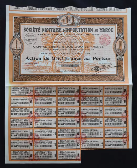 ACTION 1929 Sté Nantaise d'importation au Maroc Nantes titre bond share stock 7