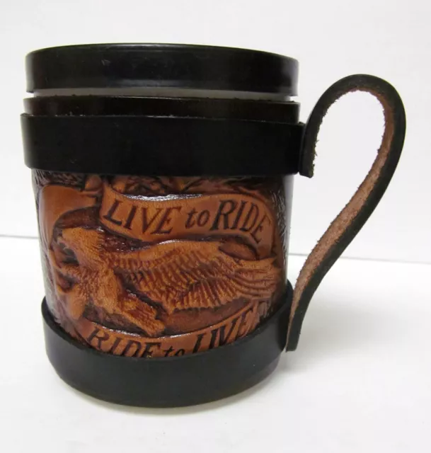 LIVE TO RIDE RIDE TO LIVE Leather Cup Mug Holder Wrap Adjustable Straps w Handle