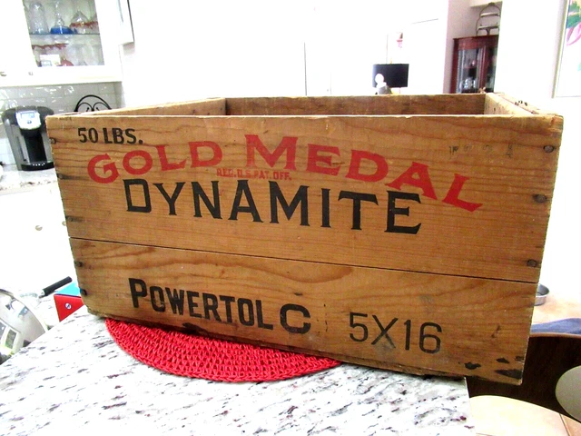 Vintage 50 Lb Gold Dynamite Crate Wooden Box Explosives Illinois Pwd Mfg Co 1.23