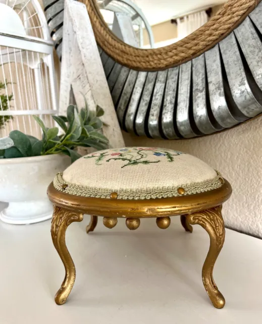 Petite Victorian Iron and Needlepoint Foot Stool, Ornate Gold Tone, Floral