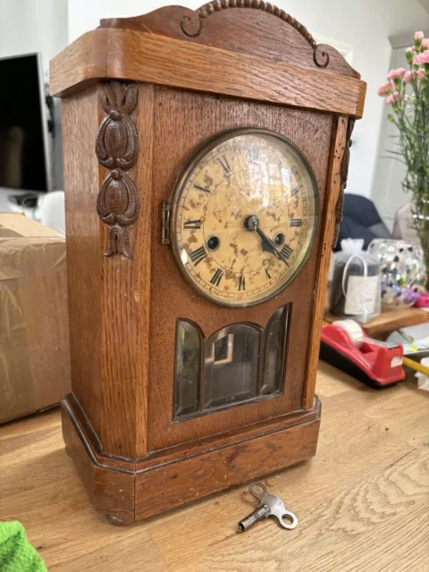 Antique Oak Mantle Clock c 19th Century German Style