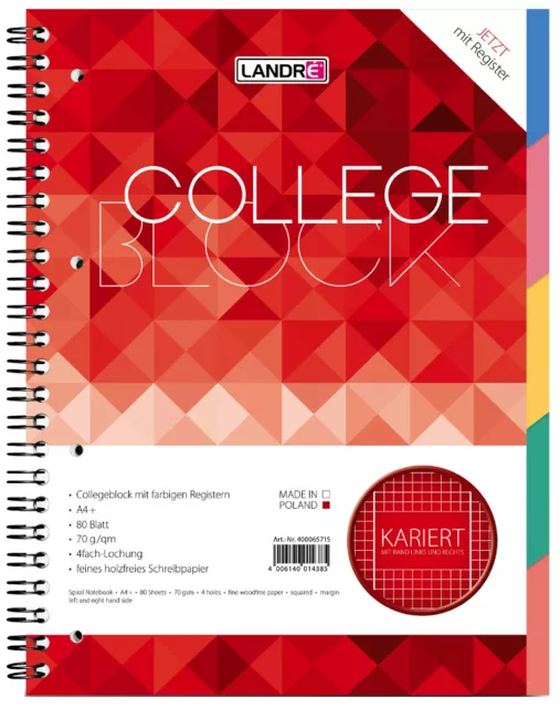 LANDRÉ Register Collegeblock "COLLEGE" DIN A4 kariert 80 Blatt