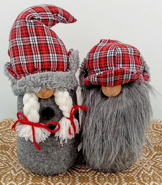 Plaid Gray Gnomes Plush Boy Girl Ponytail Faux Beard Hats Wood Nose 13" Set of 2