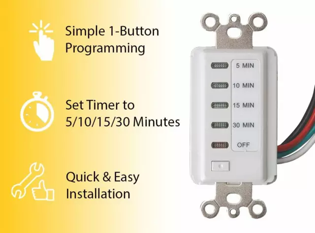 Bathroom Fan Auto Shut Off Timer 5-10-15-30 Minute Preset Countdown Wall Switch