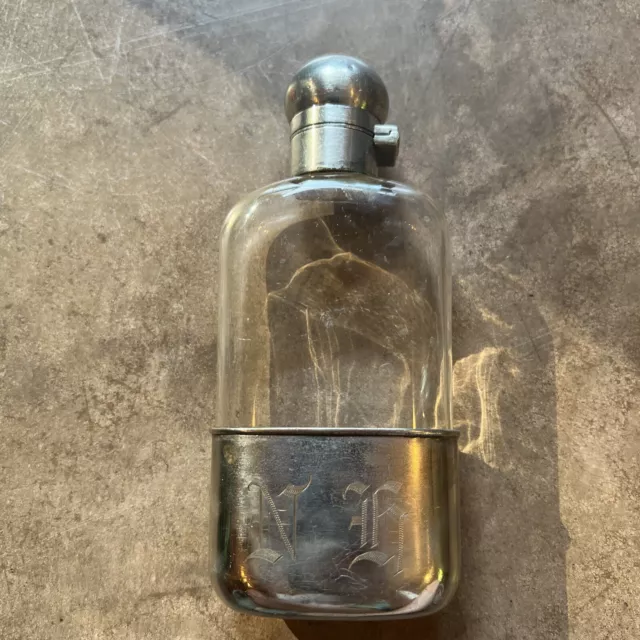 Vintage Sterling Silver & Glass Hip Flask With Locking Hinged Lid &Removable Cup