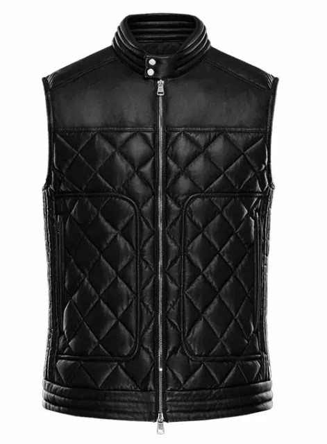 Men's Leather Vest Genuine Cowhide Motorcycle Club Bikers Vest Diamond Quilted