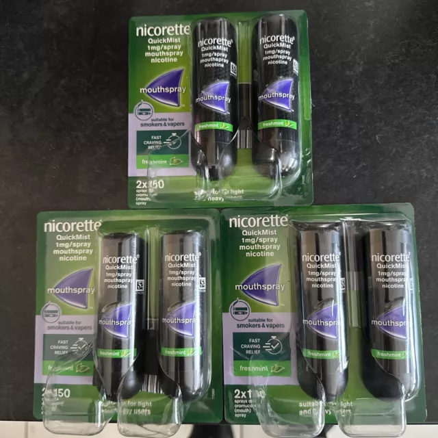 3 X Nicorette Quickmist Freshmint Nicotine Mouthspray 2 x 150 Sprays