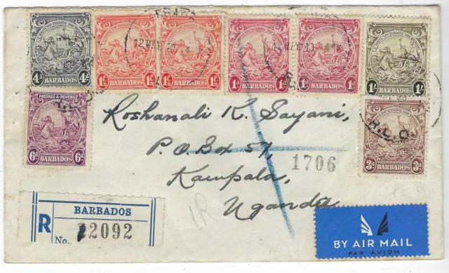 Barbados 1949 registered airmail cover to Uganda