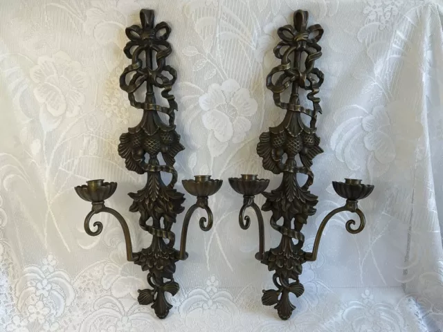 MCM Hollywood Regency Ribbons Pinecones 2-Arm Wall Candle Holder Sconce 21" (2)