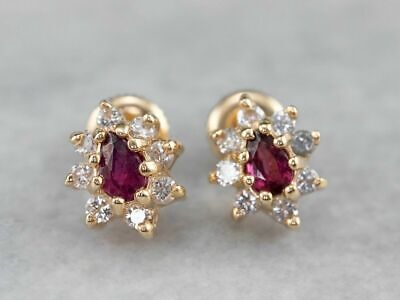2Ct Pear Red Ruby Diamond Screw Back Halo Stud Earrings 14K Yellow Gold Finish