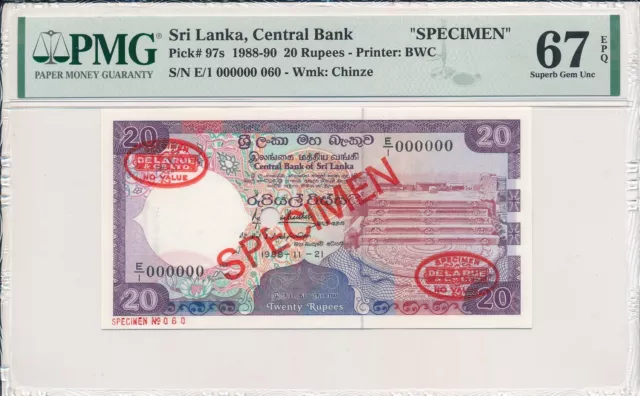 Central Bank Sri Lanka  20 Rupees 1988 Specimen PMG  67EPQ