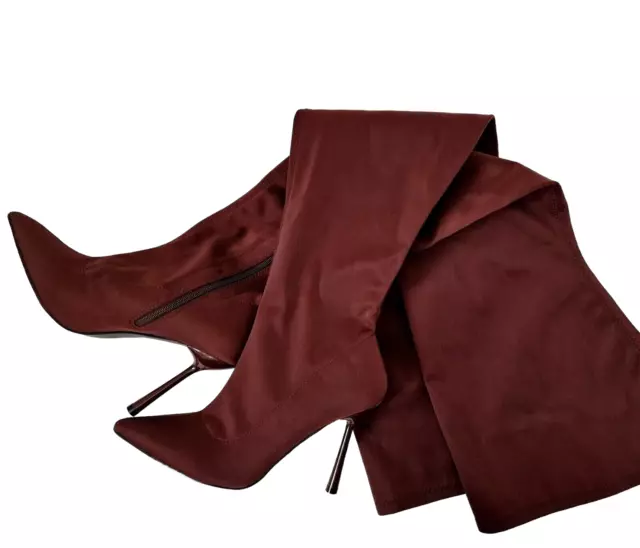 Womens Burgundy Long High Over The Knee Stiletto Heel Stretchy Boots Shoes Sizes