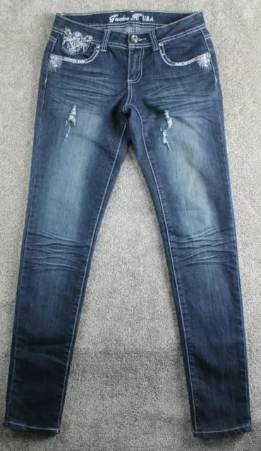 Twelve K USA Skinny Jeans Rhinestones Blue Low Rise Denim Pants Size 5 30x32 GUC