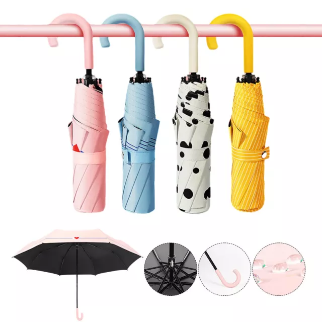 Portable J Hook Handle Rain Sun Manual Umbrella Anti UV Sunshade 3Folding 8 Ribs