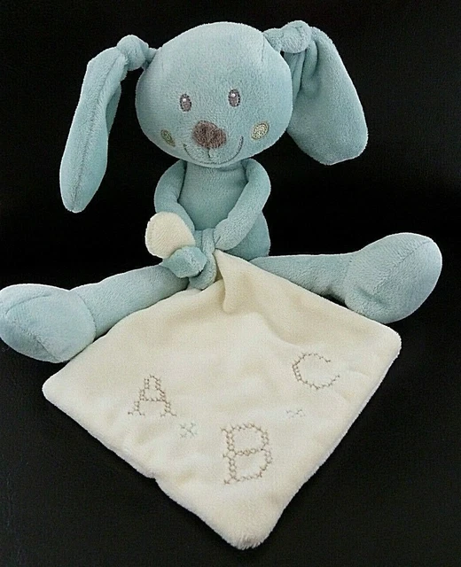 * Doudou Peluche Pommette Lapin Bleu Mouchoir Blanc Ecru Abc - Etat Neuf*