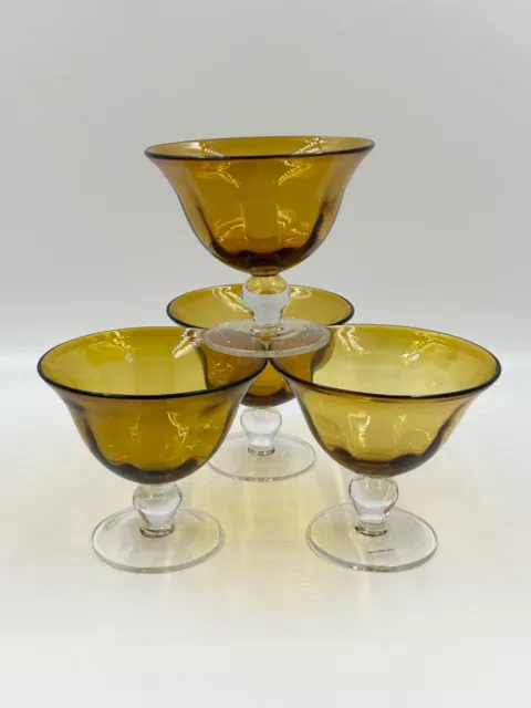 Set Of 4 Vintage Hand-Blown Amber Pedestal Dessert Goblets w-Clear Ball Base