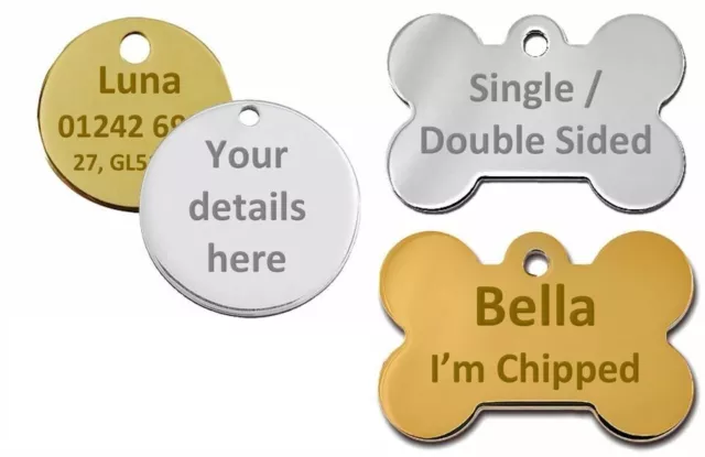 Personalised Round / Bone Engraved Dog ID Name Tag Small / Large Pet / Cat Tags