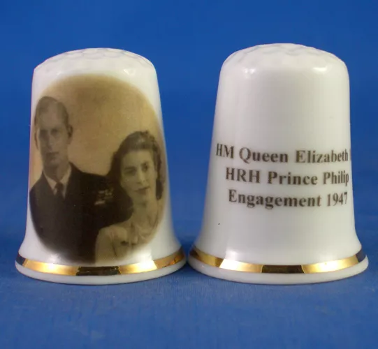 Birchcroft China Thimble -- Queen Elizabeth & Philip Engagement - Free Dome Box