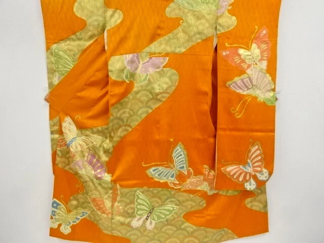 97805# JAPANESE KIMONO / ANTIQUE FURISODE / EMBROIDERY / KINSAI / BUTTERFLY &amp