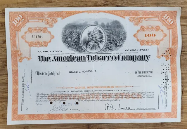 Stock Certificate The American Tobacco Company Orange 100 Shares Indian