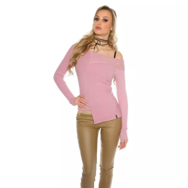 Maglia maglietta maglione donna pullover a coste in maglia maniche lunghe rosa 2