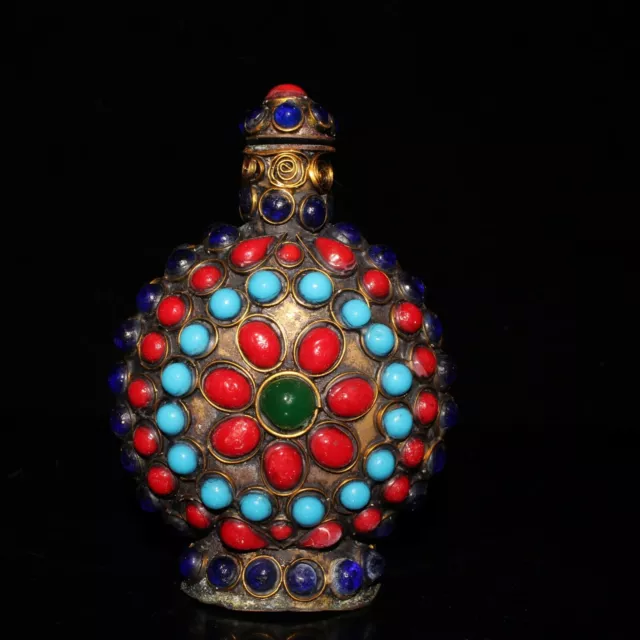 Collectable Handwork Old Miao Silver Inlay Coloued Bead Noble Snuff Bottle