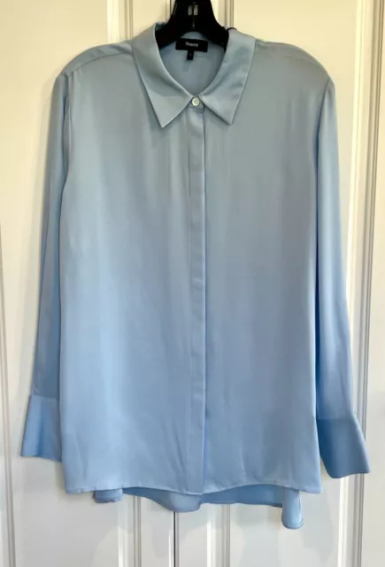 NWT Theory size Large bay blue Sunaya 100% silk button-front top blouse $295 2